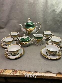 Vintage Wawel Tea Set Poland Circa 1950 Gold Trim, Tea Pot, Sugar, Creamer, 6 C&s