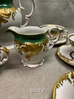 Vintage Wawel Tea Set Poland Circa 1950 Gold Trim, Tea Pot, Sugar, Creamer, 6 C&s