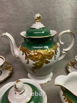 Vintage Wawel Tea Set Poland Circa 1950 Gold Trim, Tea Pot, Sugar, Creamer, 6 C&s