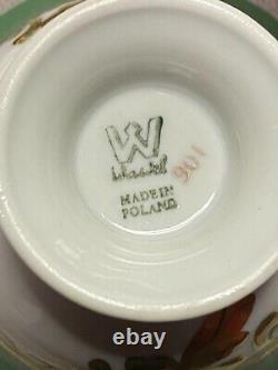 Vintage Wawel Tea Set Poland Circa 1950 Gold Trim, Tea Pot, Sugar, Creamer, 6 C&s