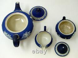 Vintage Wedgewood Blue Jasperware Tea Set Teapot Creamer & Sugar Bowl Lid Chip