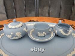 Vintage Wedgwood Blue Jasperware Mini Miniature 10 Piece Tea & Coffee Set & Tray
