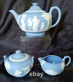 Vintage Wedgwood Blue Jasperware Tea Set Teapot Cream and Sugar Bowl BEAUTIFUL