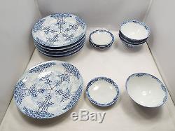 Vintage White & Blue Bamboo Porcelain China & Sake Set, 38 Pieces