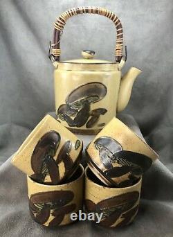 Vintage Wony LTD. Japan Mushroom Teapot Tea Set FOUR Teacups Asian Pottery