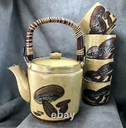 Vintage Wony LTD. Japan Mushroom Teapot Tea Set FOUR Teacups Asian Pottery