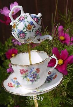 Vintage summer flowers tea set & mad hatter cake stand & 4 trio's tea pot