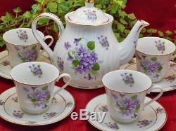 Violet Flowers Porcelain Tea Set Tea Pot and Four Cups and Saucers MADE IN USA