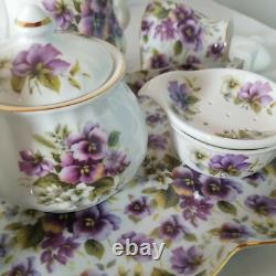 Violets, Pansy Tea Pot Cups Set China Floral Creamer/Sugar Bowl Platter Lot