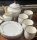 Viral Coquette White With Gold Bows Tea Pot, Creamer. 4 Salad Plates, 4 Coffee Cup