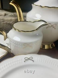 Viral coquette white with gold bows Tea Pot, Creamer. 4 Salad Plates, 4 Coffee Cup