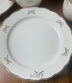 Viral coquette white with gold bows Tea Pot, Creamer. 4 Salad Plates, 4 Coffee Cup