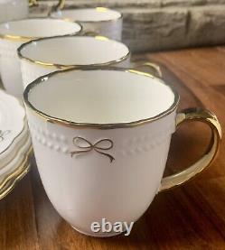 Viral coquette white with gold bows Tea Pot, Creamer. 4 Salad Plates, 4 Coffee Cup