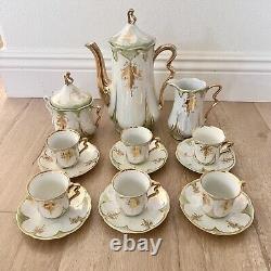 Vtg 15 PCs Germany Lusterware Coffee Tea Set Gold Leaf, Pot Creamer Sugar Cups