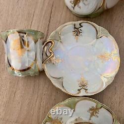 Vtg 15 PCs Germany Lusterware Coffee Tea Set Gold Leaf, Pot Creamer Sugar Cups