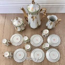 Vtg 15 PCs Germany Lusterware Coffee Tea Set Gold Leaf, Pot Creamer Sugar Cups