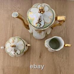 Vtg 15 PCs Germany Lusterware Coffee Tea Set Gold Leaf, Pot Creamer Sugar Cups