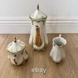 Vtg 15 PCs Germany Lusterware Coffee Tea Set Gold Leaf, Pot Creamer Sugar Cups