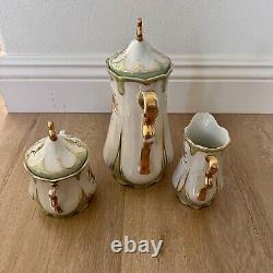 Vtg 15 PCs Germany Lusterware Coffee Tea Set Gold Leaf, Pot Creamer Sugar Cups