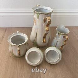 Vtg 15 PCs Germany Lusterware Coffee Tea Set Gold Leaf, Pot Creamer Sugar Cups