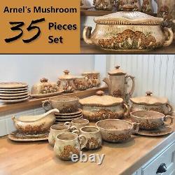 Vtg Arnels Mushroom 35 Piece Set Casserole Plate Butter Dish Teapot Soup Bowl