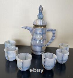 Vtg Blue Onyx Tea Set 8.5 Pot + Six 2 Cups Blue White Brown Marble Patchwork