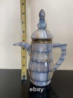 Vtg Blue Onyx Tea Set 8.5 Pot + Six 2 Cups Blue White Brown Marble Patchwork