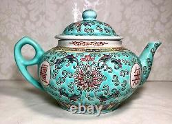 Vtg Chinese Turquoise Wan Shou Wu Jiang Mun Shou Longevity Porcelain Tea Pot Set