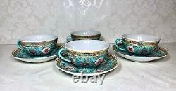 Vtg Chinese Turquoise Wan Shou Wu Jiang Mun Shou Longevity Porcelain Tea Pot Set