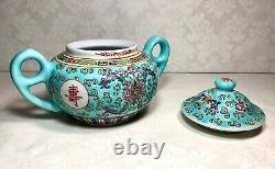 Vtg Chinese Turquoise Wan Shou Wu Jiang Mun Shou Longevity Porcelain Tea Pot Set