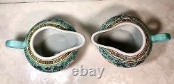 Vtg Chinese Turquoise Wan Shou Wu Jiang Mun Shou Longevity Porcelain Tea Pot Set