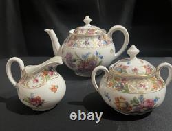 Vtg Dresden Porcelain Teapot, Creamer & Sugar Bowl Set Gold Trim