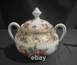 Vtg Dresden Porcelain Teapot, Creamer & Sugar Bowl Set Gold Trim
