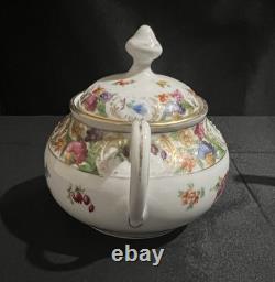 Vtg Dresden Porcelain Teapot, Creamer & Sugar Bowl Set Gold Trim