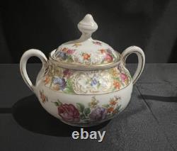 Vtg Dresden Porcelain Teapot, Creamer & Sugar Bowl Set Gold Trim