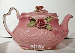 Vtg. Katherine's Collection Pink Applied Roses Tea Pot Creamer & Sugar Bowl