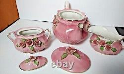 Vtg. Katherine's Collection Pink Applied Roses Tea Pot Creamer & Sugar Bowl