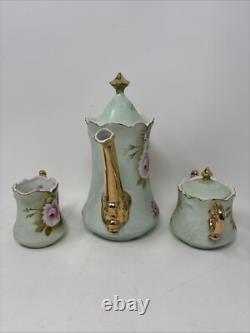 Vtg Lefton China Handpainted Heritage Rose Tea Pot withLid Sugar Bowl & Creamer