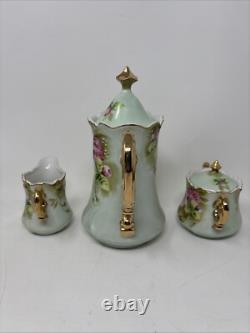 Vtg Lefton China Handpainted Heritage Rose Tea Pot withLid Sugar Bowl & Creamer