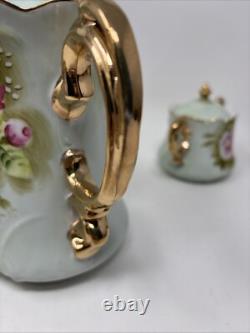 Vtg Lefton China Handpainted Heritage Rose Tea Pot withLid Sugar Bowl & Creamer
