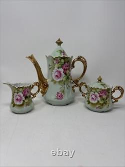 Vtg Lefton China Handpainted Heritage Rose Tea Pot withLid Sugar Bowl & Creamer