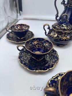 Vtg Lindner Kueps Bavaria Etch Cobalt Demitasse Coffee Pot with6 Cups Saucers 17pc