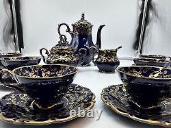 Vtg Lindner Kueps Bavaria Etch Cobalt Demitasse Coffee Pot with6 Cups Saucers 17pc