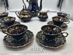 Vtg Lindner Kueps Bavaria Etch Cobalt Demitasse Coffee Pot with6 Cups Saucers 17pc