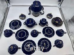 Vtg Lindner Kueps Bavaria Etch Cobalt Demitasse Coffee Pot with6 Cups Saucers 17pc