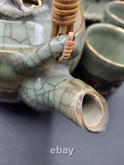 Vtg Otagiri Somayaki Soma Ware 8pc Tea Set Vase Green Crackle Heart Horse