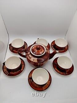 Vtg Rare Brown & Cinnamon Teapot WithCups & Saucers 6 Set James Gilman Portugal