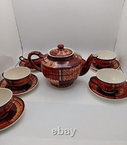 Vtg Rare Brown & Cinnamon Teapot WithCups & Saucers 6 Set James Gilman Portugal