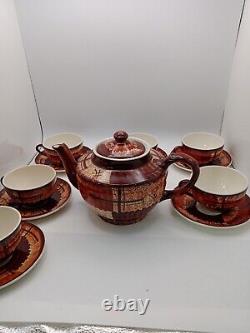 Vtg Rare Brown & Cinnamon Teapot WithCups & Saucers 6 Set James Gilman Portugal