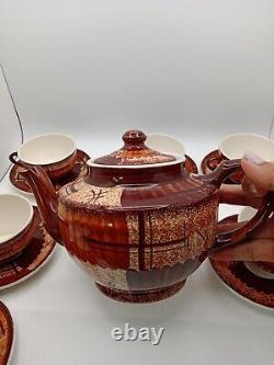 Vtg Rare Brown & Cinnamon Teapot WithCups & Saucers 6 Set James Gilman Portugal